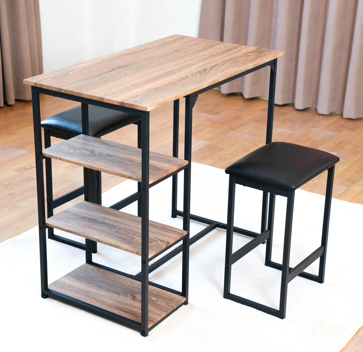 Modern 
3-Piece Bar tabies and chairs  Set with 2 Chairs for Dining Room，Black Frame+Brown oak board surface+Black cushion