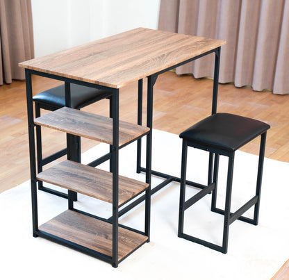 Modern 
3-Piece Bar tabies and chairs  Set with 2 Chairs for Dining Room，Black Frame+Brown oak board surface+Black cushion