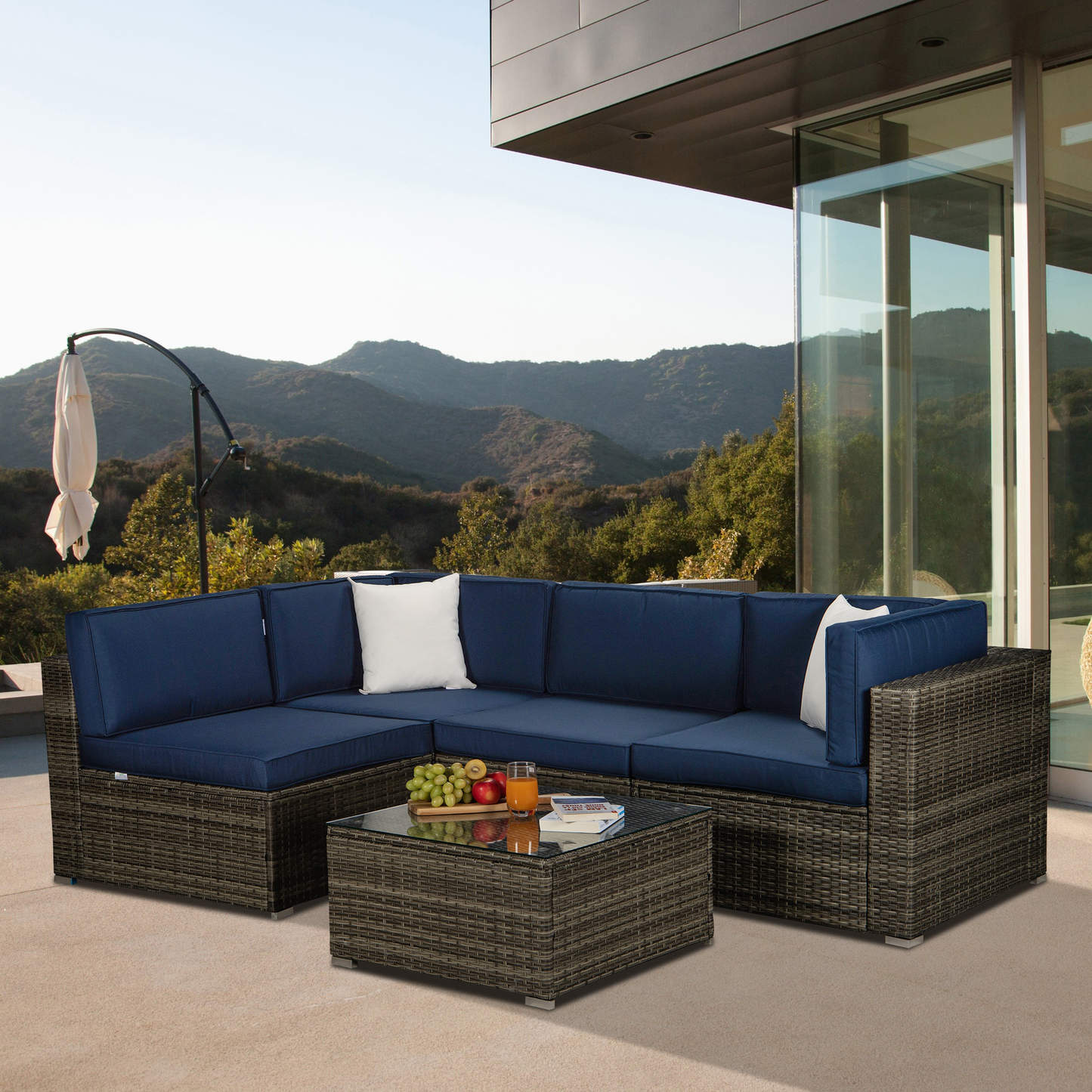 Outdoor Garden Patio Furniture 5-Piece Dark Gray PE Rattan Wicker Sectional Navy Cushioned Sofa Sets with 2 Begie Pillows