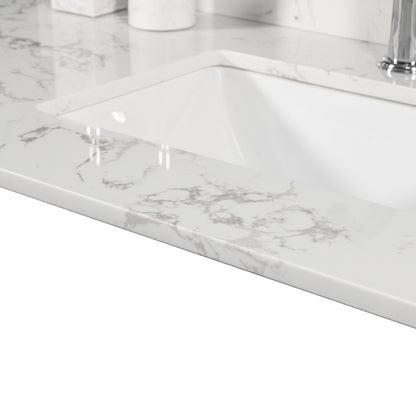 Montary 43‘’x22" bathroom stone vanity top  engineered stone carrara white marble color with rectangle undermount ceramic sink and  single faucet hole with back splash .