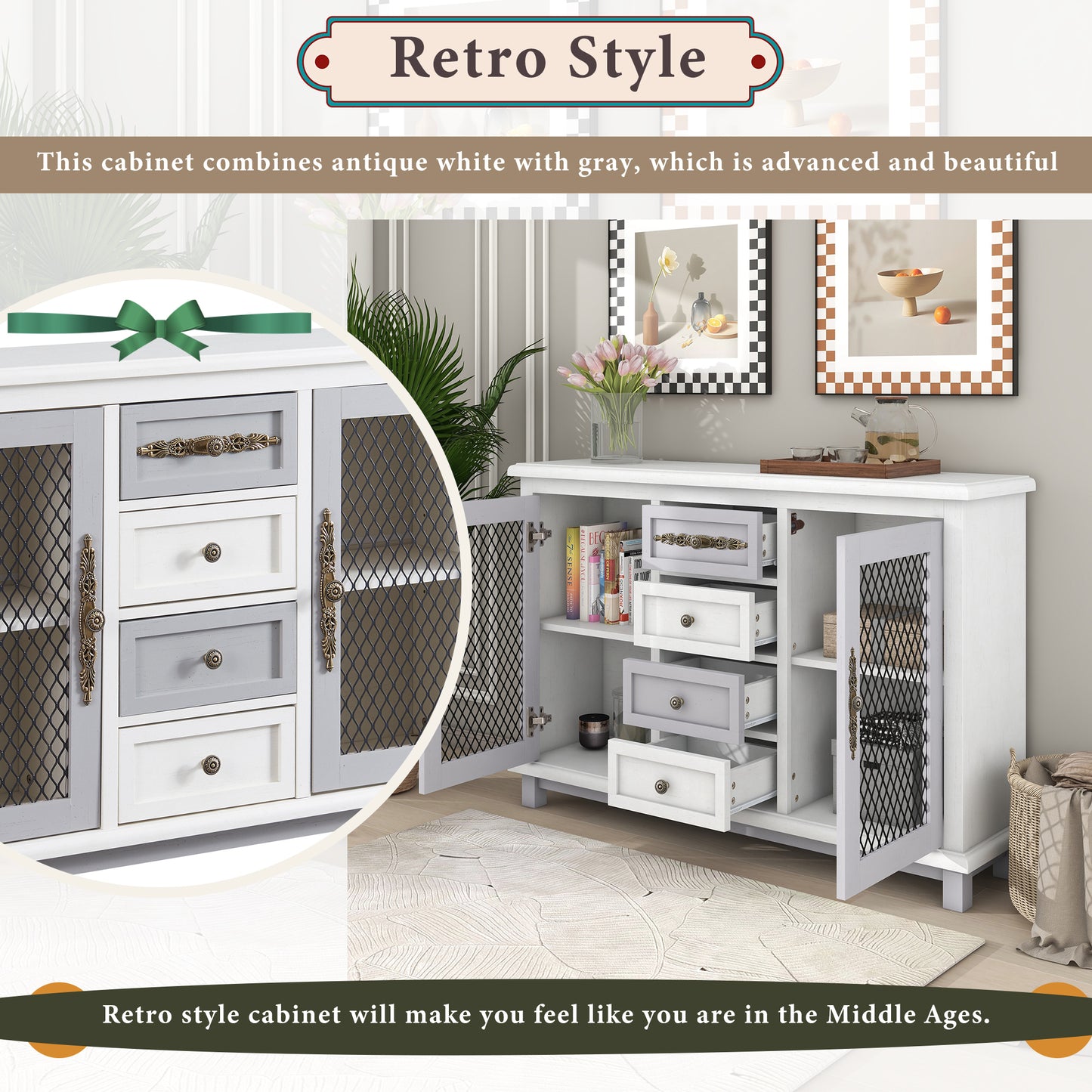 TREXM Retro Style Cabinet with 4 Drawers of the Same Size and 2 Iron Mesh Doors for Living Room and Entryway