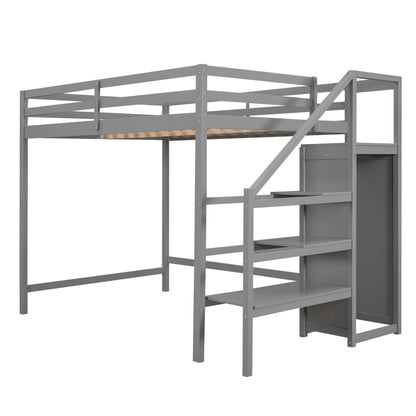 Full Size Loft Bed with Built-in Storage Wardrobe and Staircase,Gray