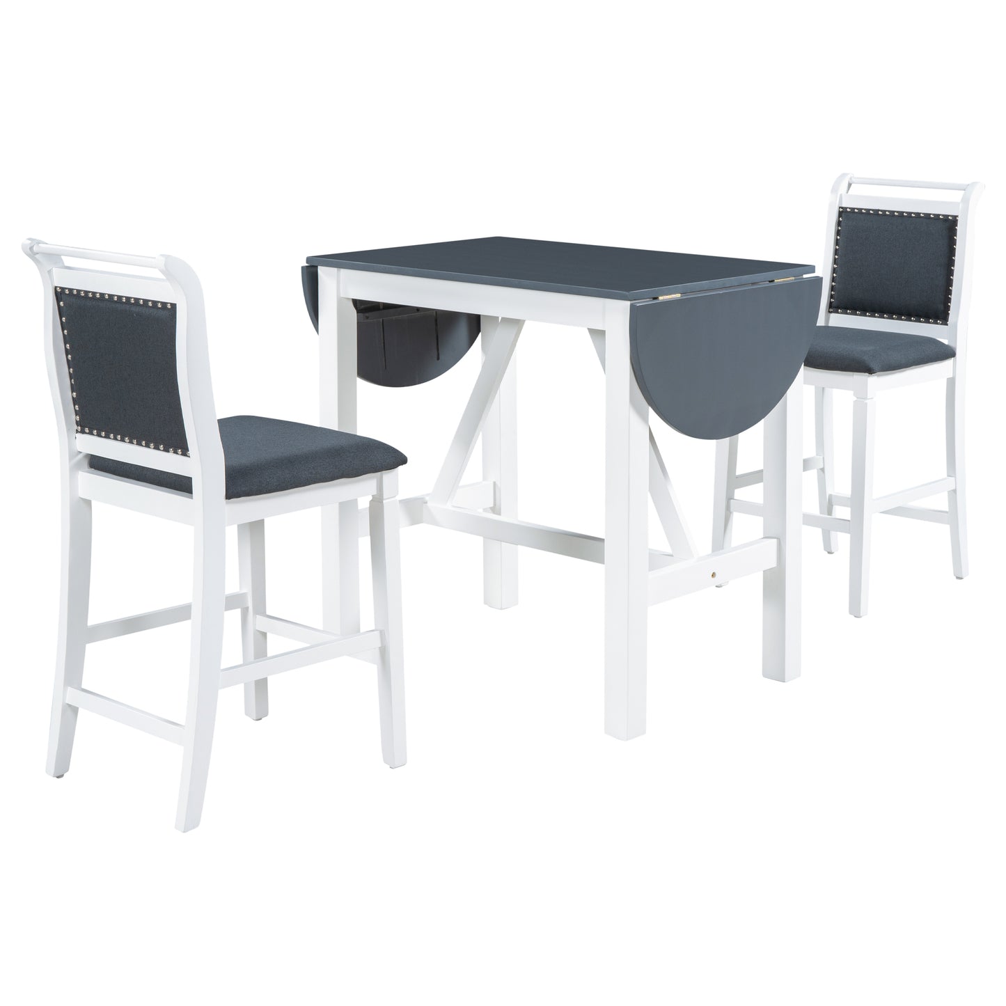 TOPMAX 3-Piece Wood Counter Height Drop Leaf  Dining Table Set with 2 Upholstered Dining Chairs for Small Place, White