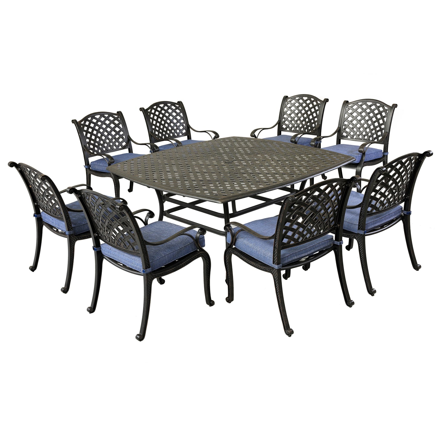 Square 8 - Person 63.98" Long Dining Set with Navy Blue Cushions