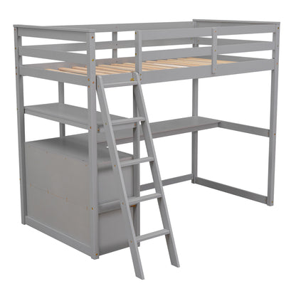 Twin Size Loft Bed with Desk and Shelves, Two Built-in Drawers, Gray(old SKU: GX000803AAE-1）