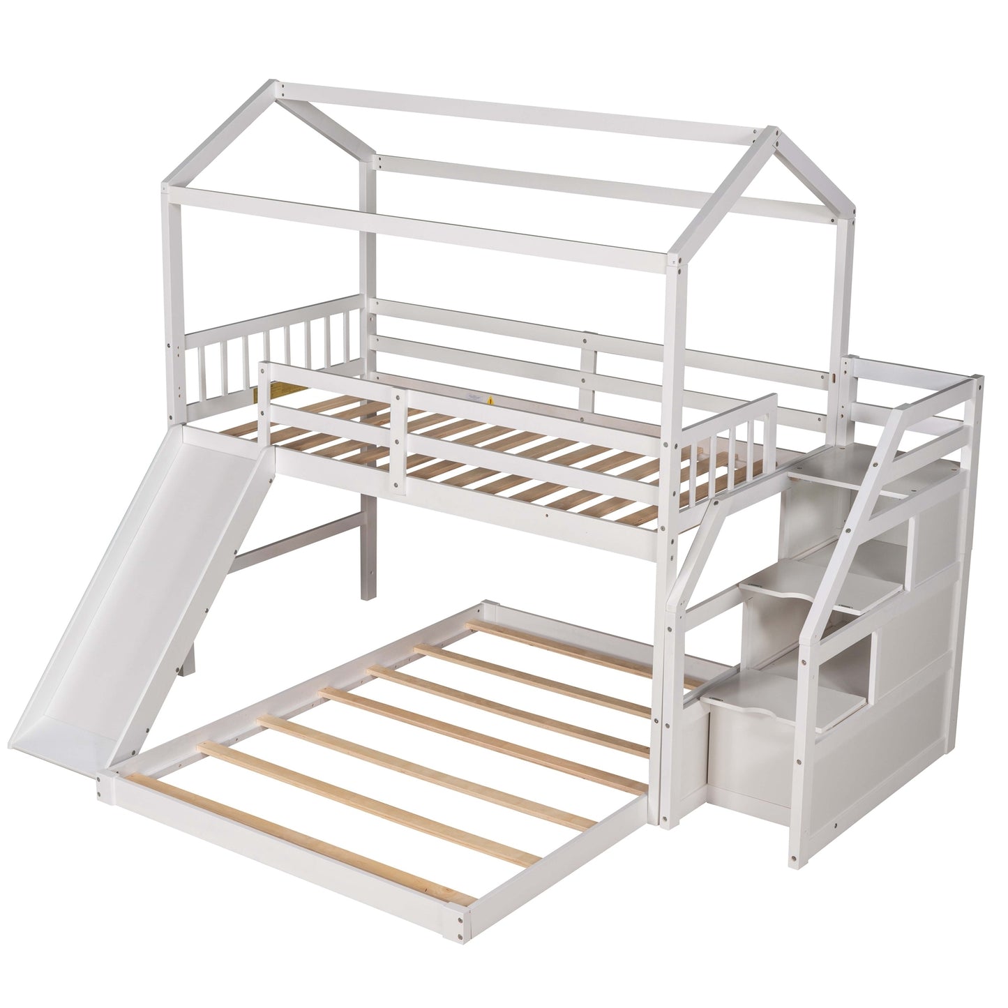 Twin over Full House Bunk Bed with Convertible Slide and Storage Staircase,Full-Length Guardrail,White