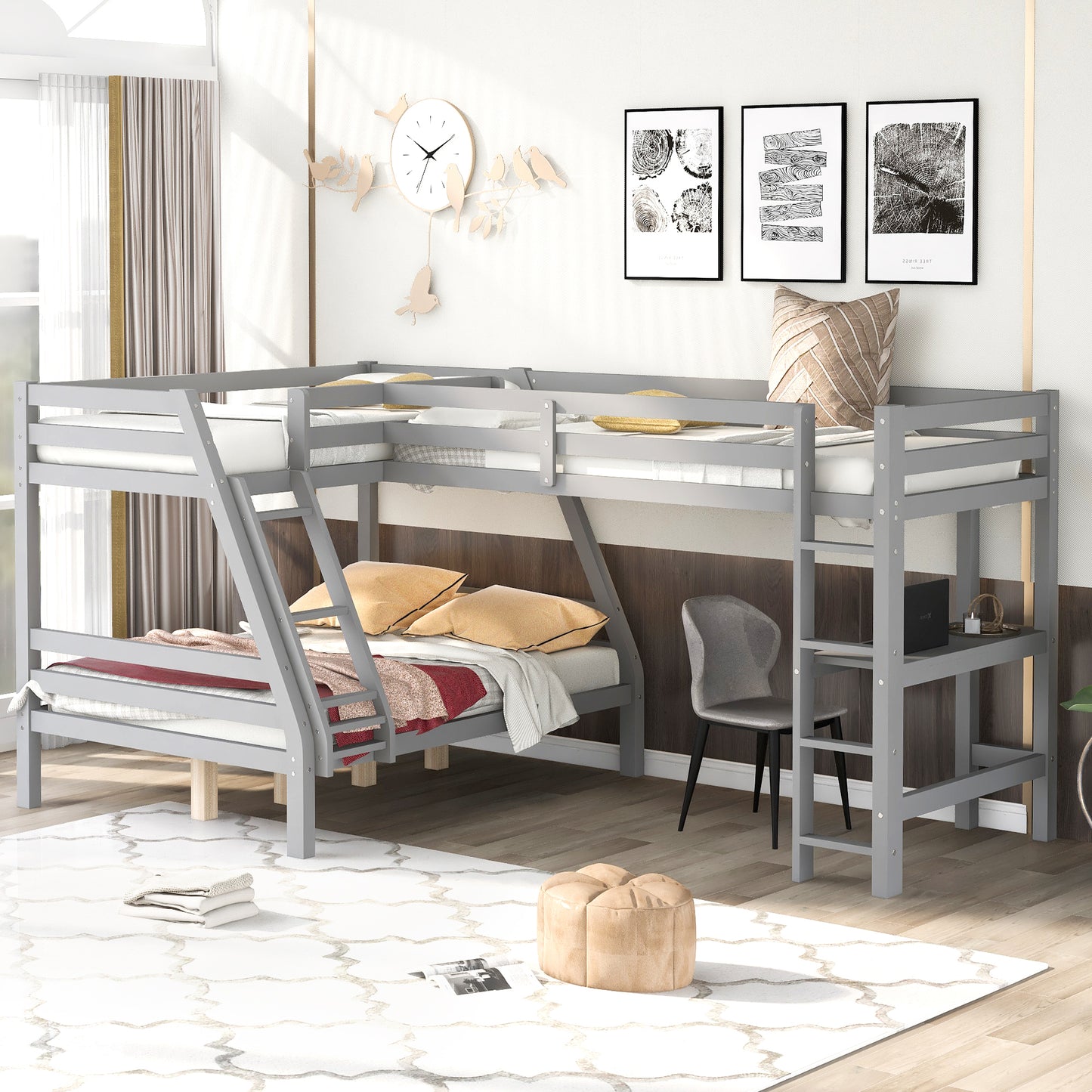 L-Shaped Twin over Full Bunk Bed and Twin Size Loft Bed with Built-in Desk,Gray