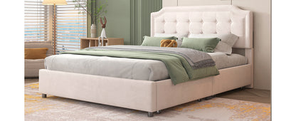 Upholstered Platform Bed with Classic Headboard and 4 Drawers, No Box Spring Needed, Velvet Fabric, Queen Size Beige