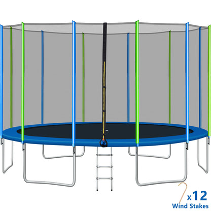 16FT Trampoline for Kids with Safety Enclosure Net, Ladder and 12 Wind Stakes, Round Outdoor Recreational Trampoline