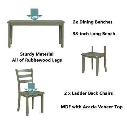 TOPMAX 5-piece Wooden Dining Set, Kitchen Table with 2 Dining Chairs and 2 Benches, Farmhouse Rustic Style, Green