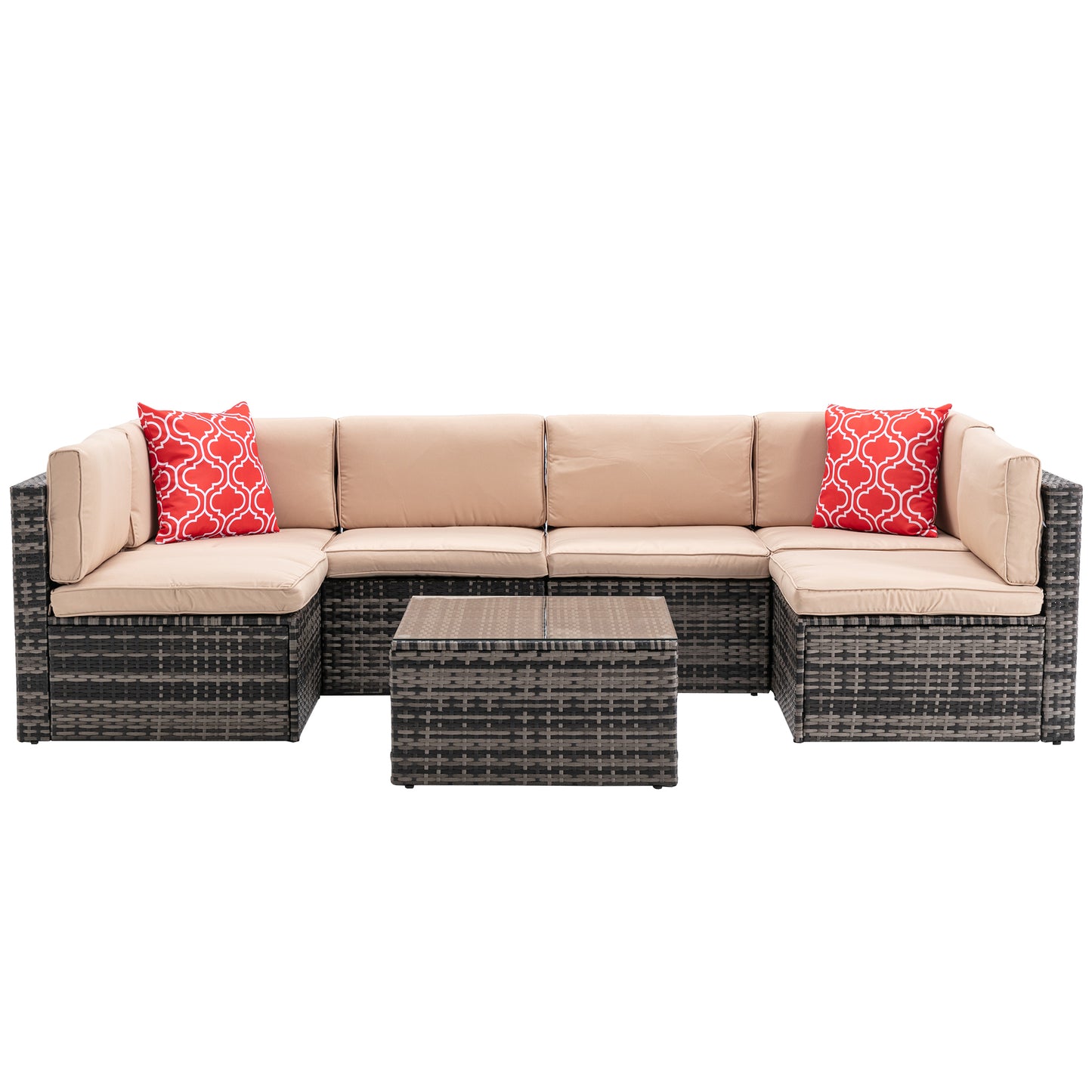 7Pcs Outdoor Garden Patio Furniture  PE Rattan Wicker  Sectional Cushioned Sofa Sets with 2 Pillows and Coffee Table