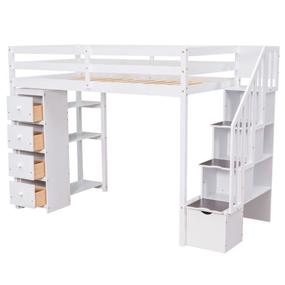 Twin size Loft Bed with Storage Drawers and Stairs, Wooden Loft Bed with Shelves - White