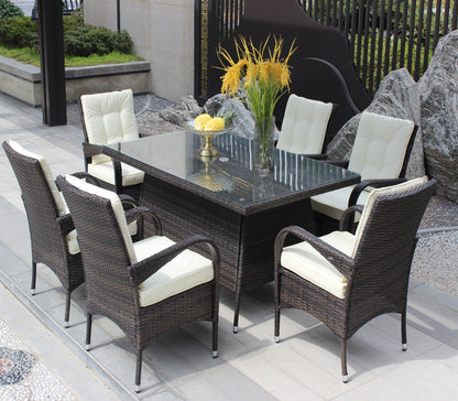 Patio 7-Piece Rectangular Dining Set with 6 Dining Chairs (Brown &Beige Cushion )