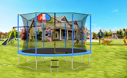 14FT Trampoline for Kids with Safety Enclosure Net, Basketball Hoop and Ladder, Easy Assembly Round Outdoor Recreational Trampoline