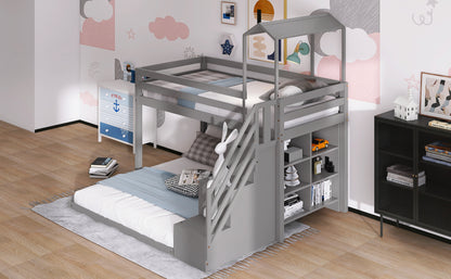 Twin over Full House Roof Bunk Bed with Staircase and Shelves, Gray