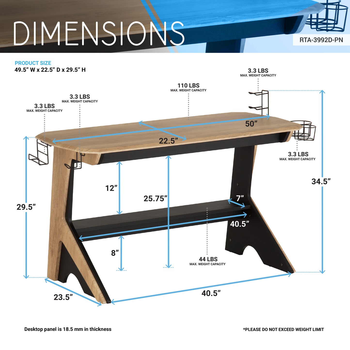 Techni Mobili Home Office Computer Writing Desk Workstation  with  Two Cupholders and a Headphone Hook- Pine