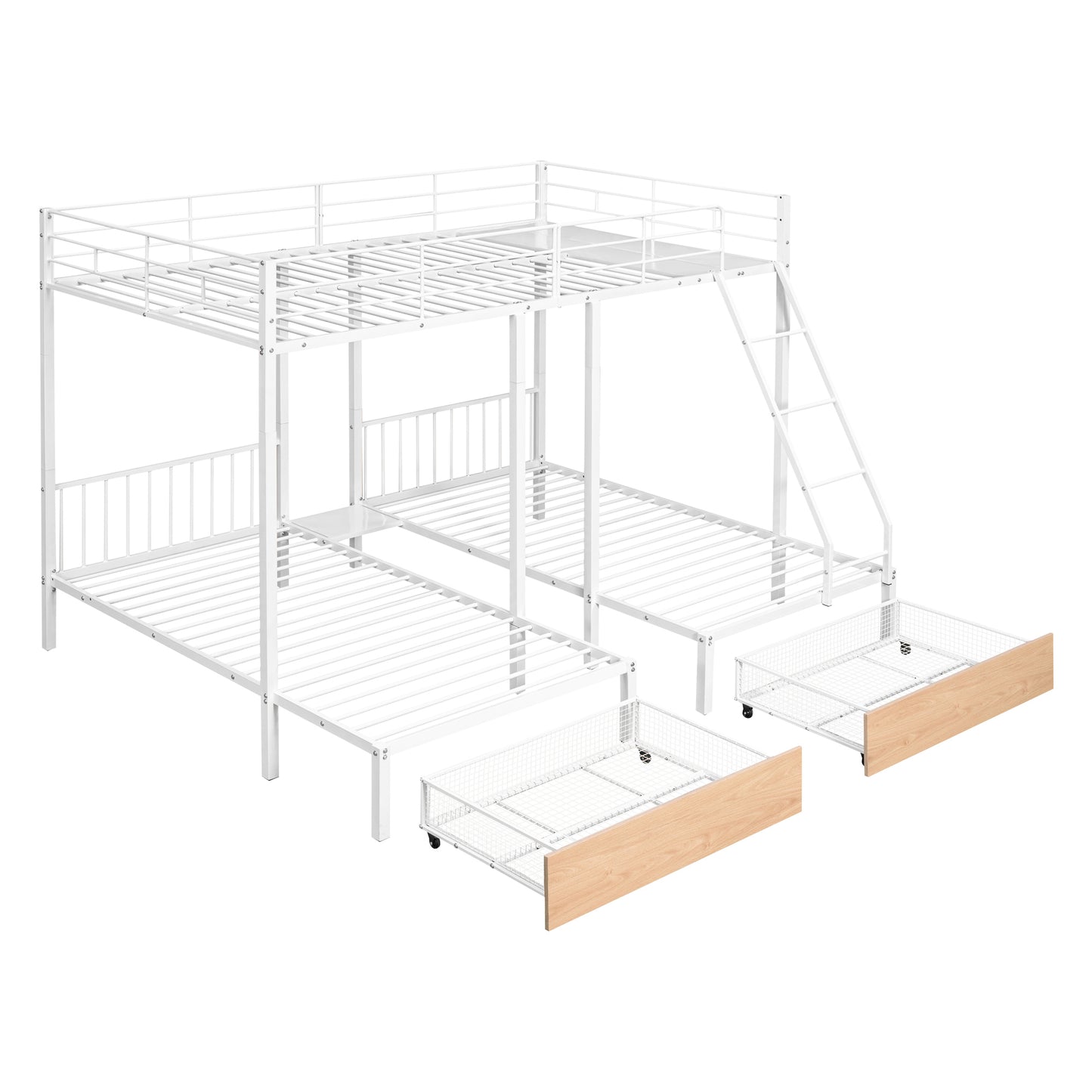 Full Over Twin & Twin Bunk Bed, Metal Triple Bunk Bed with Drawers and Guardrails, White