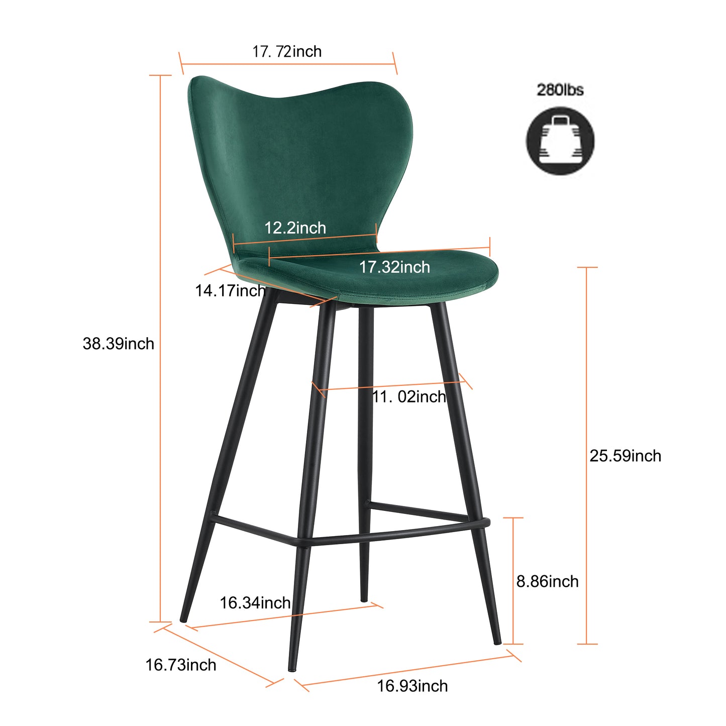 Dark Green Velvet Chair Barstool Dining Counter Height Chair Set of 2