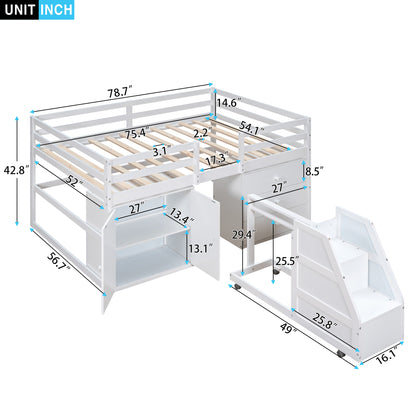 Full Size Functional Loft Bed with Cabinets and Drawers, Hanging Clothes at the back of the Staircase, White