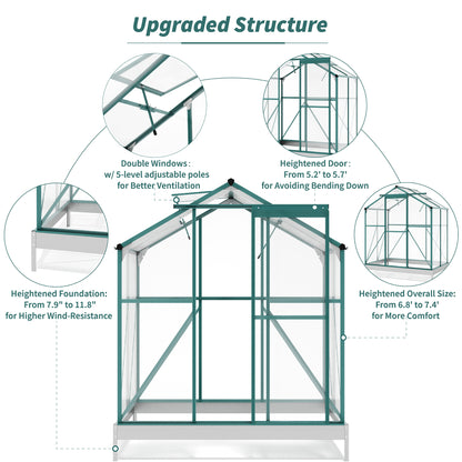 TOPMAX Upgraded Outdoor Patio 6.2ft Wx4.3ft D Greenhouse, Walk-in Polycarbonate Greenhouse with 2 Windows and Base,Aluminum Hobby Greenhouse with Sliding Door for Garden, Backyard, Green