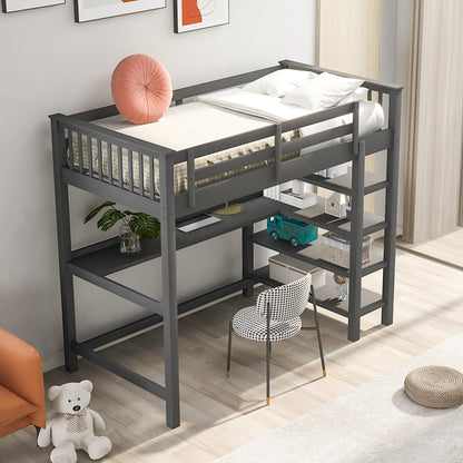 Twin Size Loft Bed with Storage Shelves and Under-bed Desk, Gray