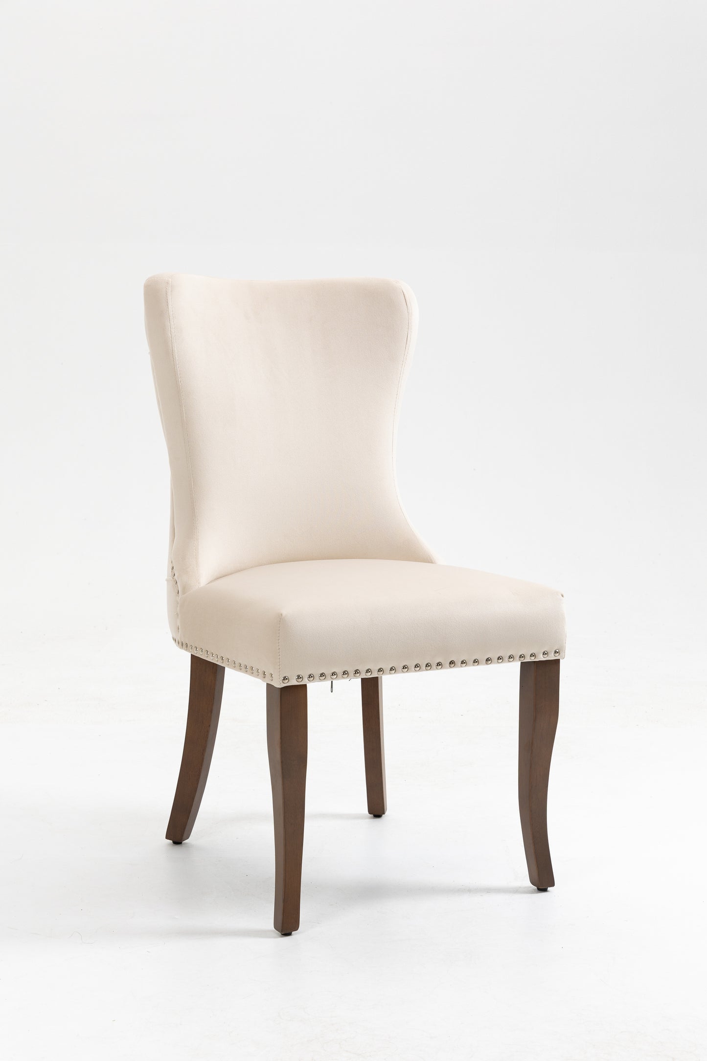 Set of 2 Velvet Upholstered Dining chair with Designed Back and Nailhead trim and Solid Wood Legs CREAM