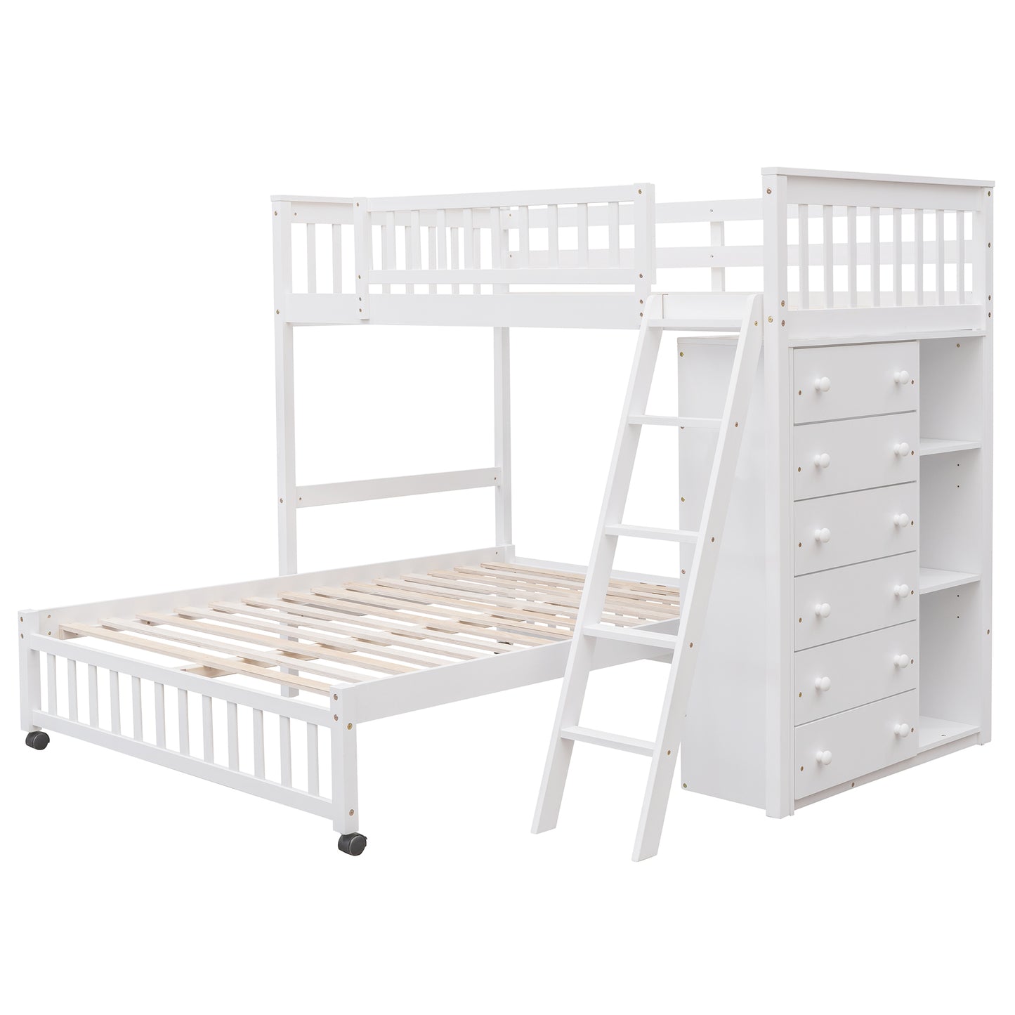 Wooden Twin Over Full Bunk Bed With Six Drawers And Flexible Shelves,Bottom Bed With Wheels,White(OLD SKU:LP000531AAK)