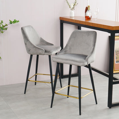 Luxury Modern Gray Velvet Upholstered High Bar Stool Chair With Gold Legs(set of 2)