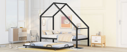 Metal House Bed With Trundle, Twin Size House  Bed Black