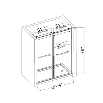 60*76" Double Sliding Frameless Shower Door Brushed Nickel With Buffer