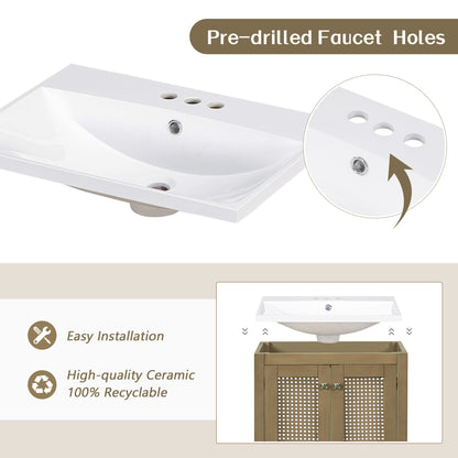 24" Bathroom Vanity Top Only, White Basin, 3-Faucet Holes, 4" Faucet Available, Ceramic