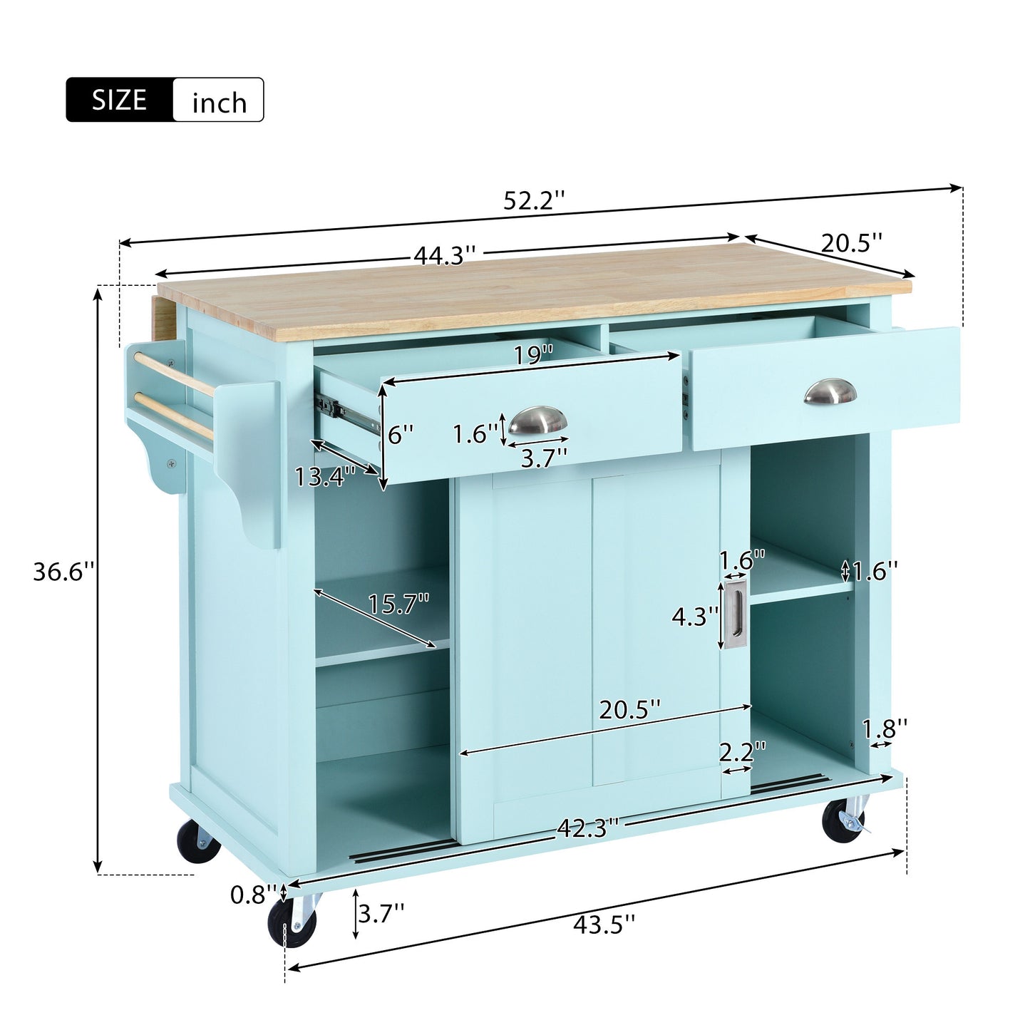 K&K Kitchen Cart with Rubber wood Drop-Leaf Countertop, Concealed sliding barn door adjustable height,Kitchen Island on 4 Wheels with Storage Cabinet and 2 Drawers,L52.2xW30.5xH36.6 inch, Mint Green