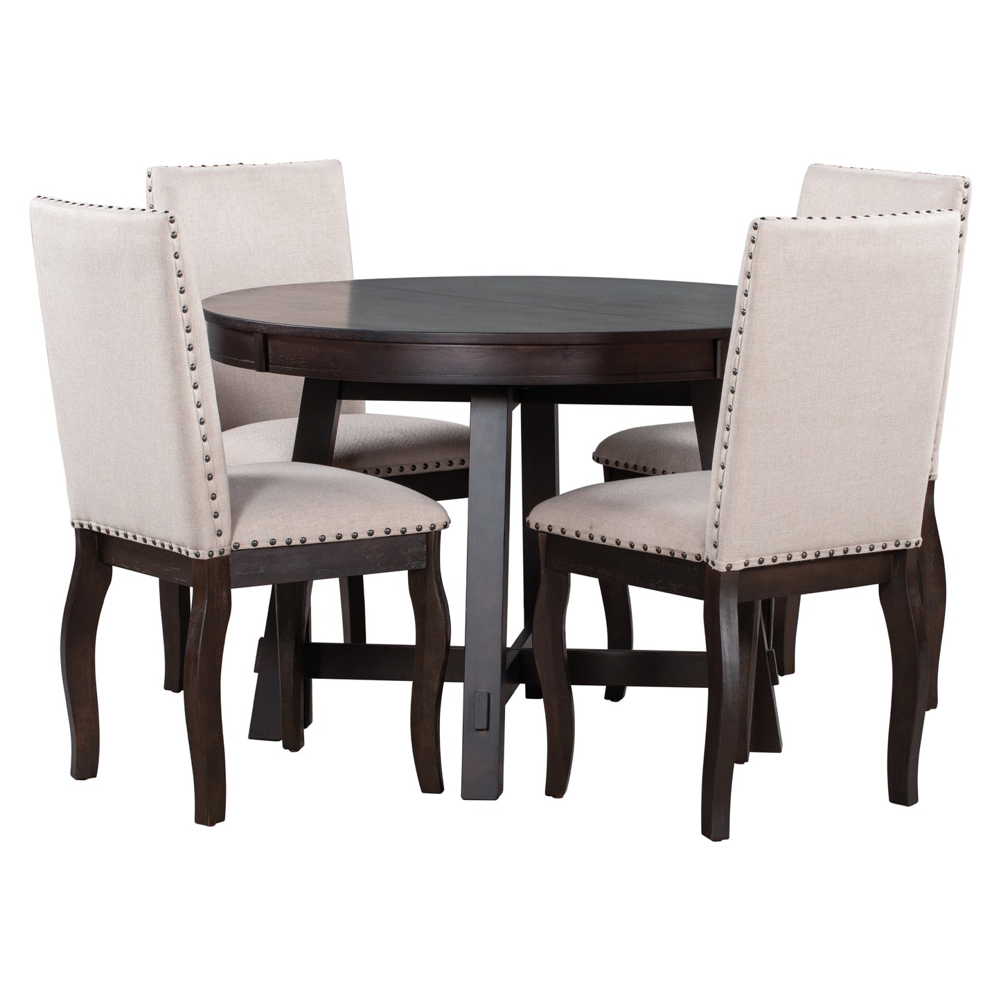 TREXM 5-Piece Farmhouse Dining Table Set Wood Round Extendable Dining Table and 4 Upholstered Dining Chairs (Espresso)