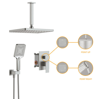 Shower System, Ultra-thin Wall Mounted Shower Faucet Set for Bathroom with High Pressure Big Size Stainless Steel Rain Shower head Handheld Shower Set, 12 inch square large panel, Brushed Nickel