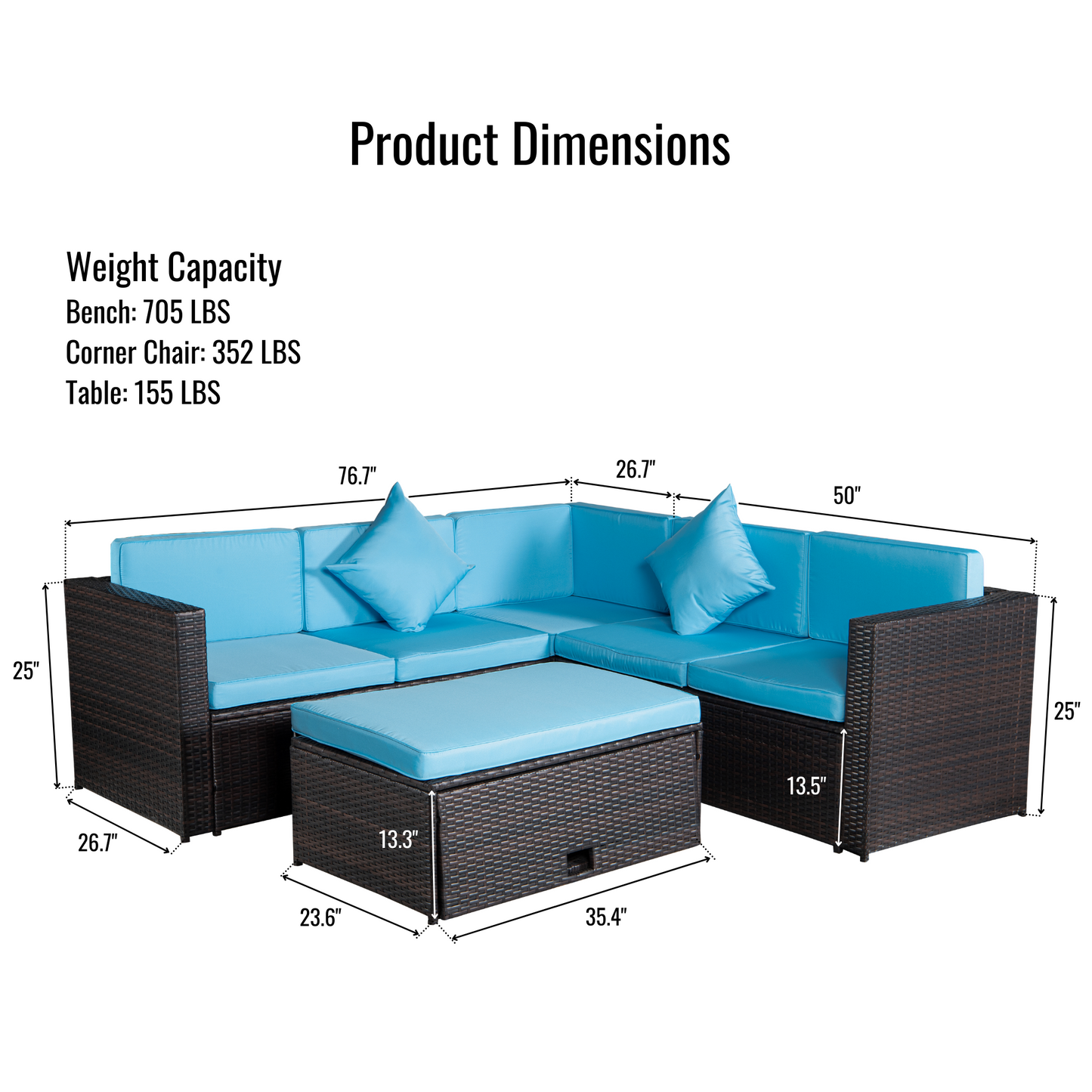 Patio Set 4-Piece Brown Poly Rattan Blue Cushion Combined 2 Blue Pillows Sectional Option Sofa Sets And Multifunctional Table