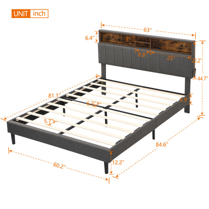 Queen Size Upholstered Platform Bed with Storage Headboard and USB Port,  Linen Fabric Upholstered Bed (Gray)