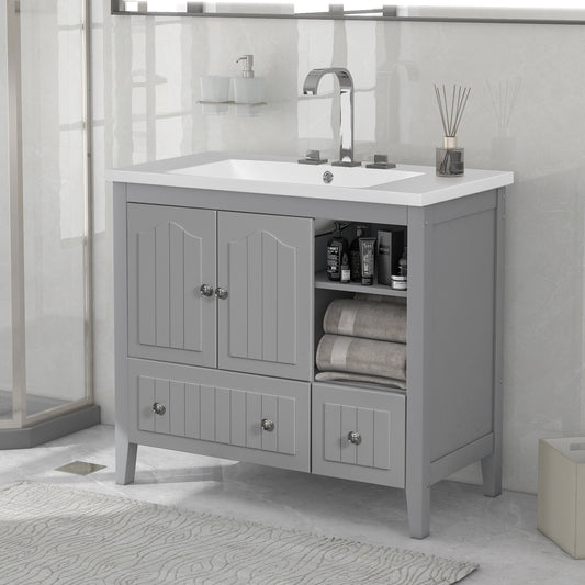 [VIDEO] 36" Bathroom Vanity with Ceramic Basin, Bathroom Storage Cabinet with Two Doors and Drawers, Solid Frame, Metal Handles, Grey