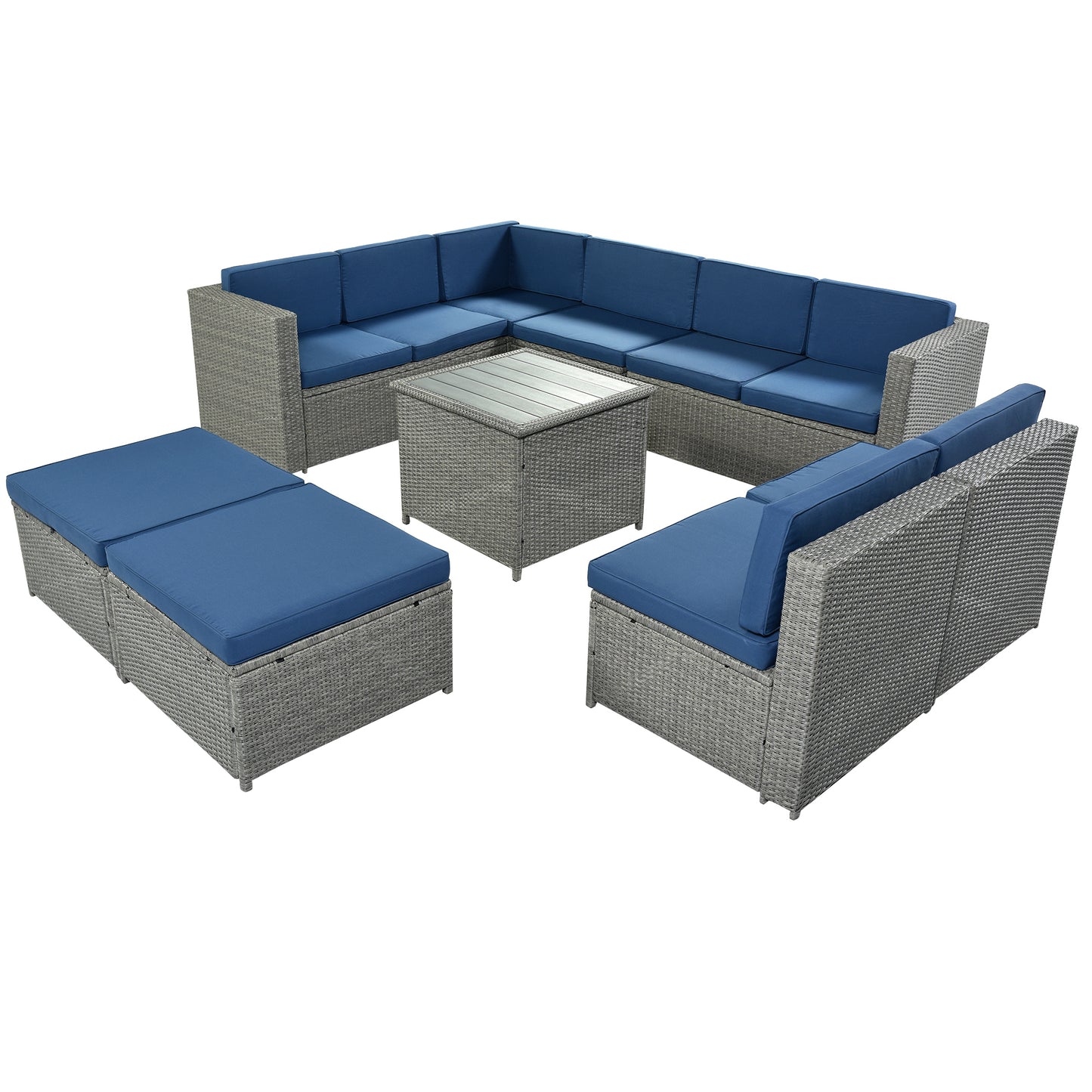 U_Style 9 Piece Rattan Sectional Seating Group with Cushions and Ottoman, Patio Furniture Sets, Outdoor Wicker Sectional, Grey Ratten+Blue Cushions