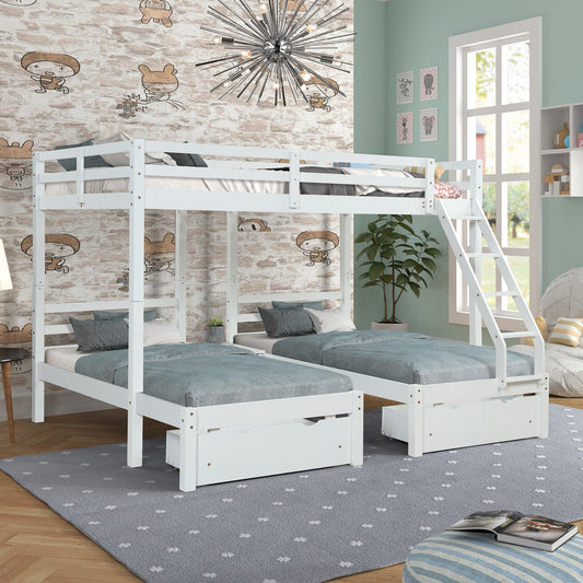 Solid Wood Full over  Twin & Twin Bunk Bed with 3 Storage Drawers, White (96.8”x79”x68.3”)