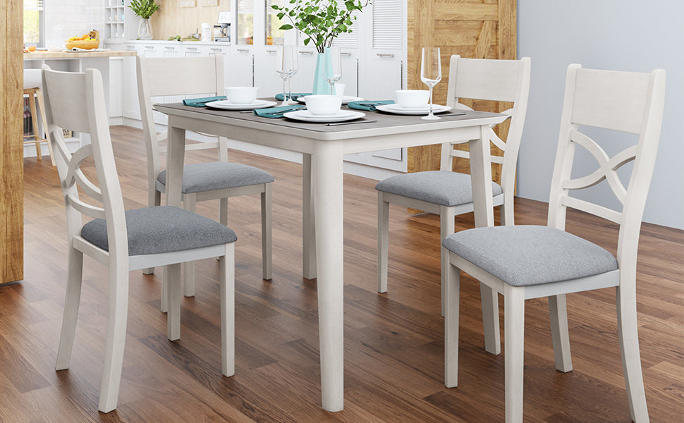 TOPMAX Farmhouse Rustic Wood 5-Piece Kitchen Dining Table Set with 4 Upholstered Padded Chairs, Light Grey+White