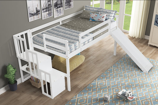 Loft Bed with Staircase, Storage, Slide, Twin size, Full-length Safety Guardrails, No Box Spring Needed, White \\\\n(Old Sku:W504S00004)