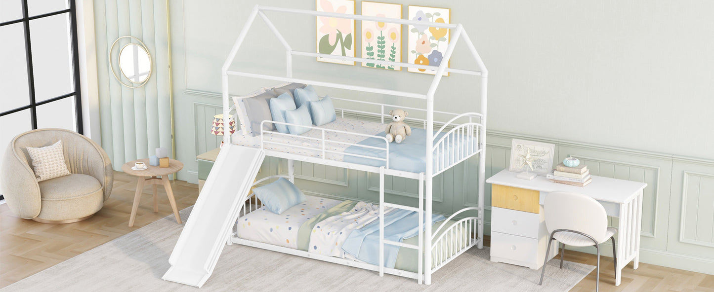 Twin Over Twin Metal Bunk Bed With Slide,Kids House Bed White