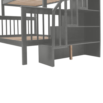 Stairway Twin-Over-Full Bunk Bed with Drawer, Storage and Guard Rail for Bedroom, Dorm, for Adults, Gray color(Old SKU: LP000219AAE)