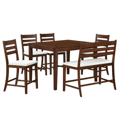 TOPMAX Farmhouse Extendable Counter Height 6-Piece Dining Table Set with Removable Leaf, 4 Dining Chairs and Dining Bench with Back, Brown Walnut+Beige