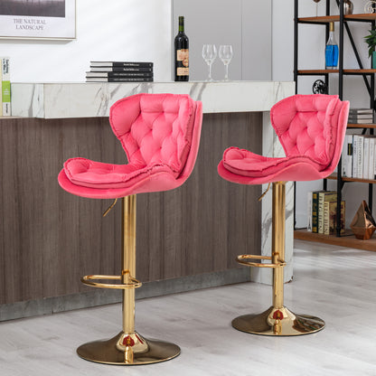 Set of 2  Bar Stools,with Chrome Footrest and Base Swivel Height Adjustable Mechanical Lifting Velvet + Golden Leg Simple Bar Stool-pink