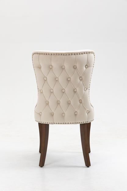 Set of 2 Velvet Upholstered Dining chair with Designed Back and Nailhead trim and Solid Wood Legs CREAM