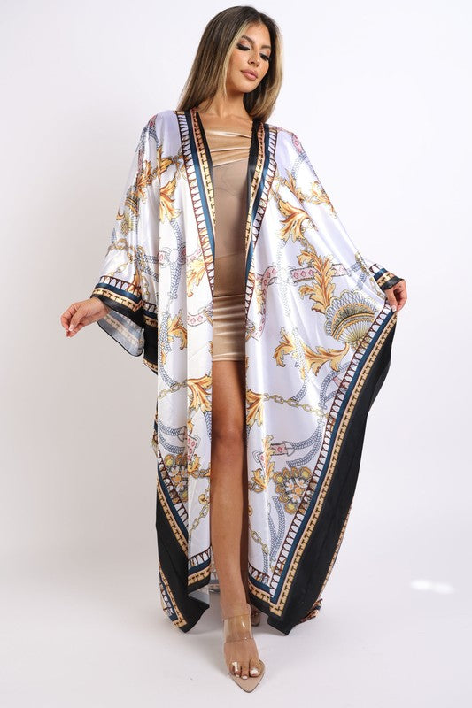 Printed satin maxi kimono