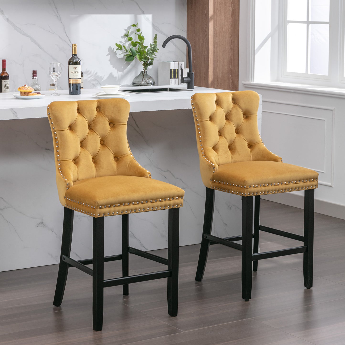 A&A Furniture,Contemporary Velvet Upholstered Barstools with Button Tufted Decoration and Wooden Legs, and Chrome Nailhead Trim, Leisure Style Bar Chairs,Bar stools, Set of 2 (Gold) 1902GL