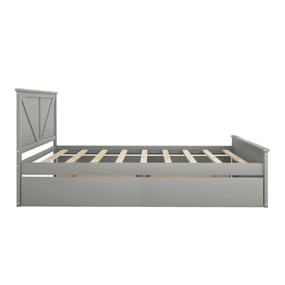 Queen Size Wooden Platform Bed with Four Storage Drawers and Support Legs, Gray