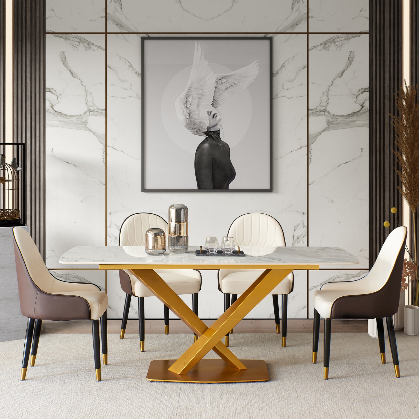 Sintered stone dinning table with 6 pcs Chairs ,Carrara white color , Modern Dinning table with solid Gold Carbon Stell base 63"